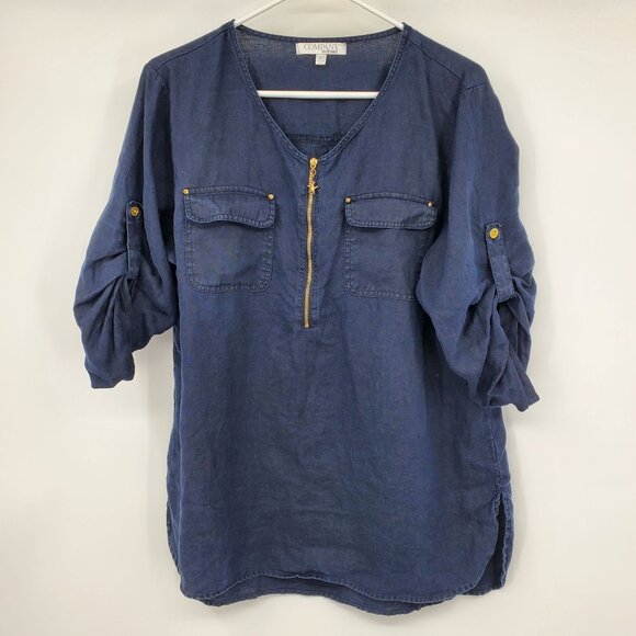 Company Ellen Tracy Navy Blue and Gold 100% Linen Zipper Popover Shirt Large - Picture 1 of 9